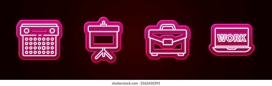Set line Calendar, Chalkboard with diagram, Briefcase and Laptop text work. Glowing neon icon. Vector