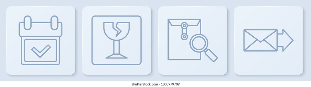 Set line Calendar with check mark, Envelope with magnifying glass, Fragile broken glass and Envelope. White square button. Vector