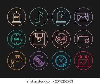 Set line Calendar with check mark, Delete folder, Tombstone cross, Floppy disk, Clock 24 hours, RIP written, Telephone support and Music note, icon. Vector