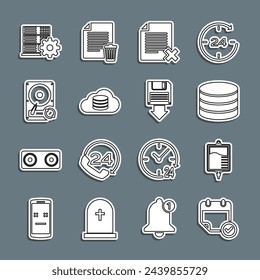 Establecer calendario de línea con marca de verificación, bolsa IV, base de datos, eliminar documento de archivo, base de datos de nube, unidad de disco duro actualización de sincronización de disco duro, configuración del servidor e icono de copia de seguridad de disquete. Vector
