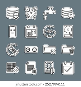 Set line Calendar with check mark, Delete folder, Hard disk drive HDD, Water tap, Dead mobile, Database protection and Clock 24 hours icon. Vector