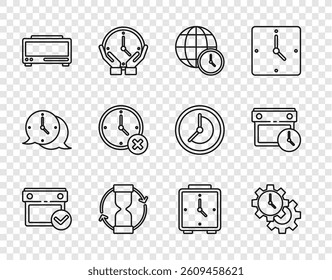 Set line Calendar with check mark, Time Management, World time, Old hourglass, Digital alarm clock, Clock delete, Alarm and and icon. Vector