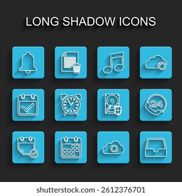 Set line Calendar with check mark, Ringing bell, Cloud sync refresh, Social media inbox, Alarm clock, Telephone 24 hours support and Hard disk drive HDD protection icon. Vector