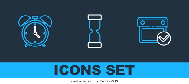 Defina o Calendário com a marca de seleção, o relógio despertador e o ícone de ampulheta antiga. Vetor