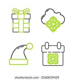 Set line Calendar, Christmas Santa Claus hat, Cloud with snow and Gift box icon. Vector