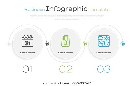 Set line Calendar, Christmas shopping bag and Firework rocket. Business infographic template. Vector
