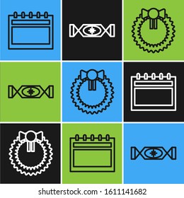 Set line Calendar, Christmas wreath and Candy icon. Vector