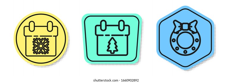 Set line Calendar, Calendar and Christmas wreath. Colored shapes. Vector