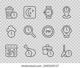 Fijar la línea Calendario, Hora de limpieza, Reloj de pulsera, Comida, Desperdicio de agua, Lupa con reloj, Icono de trabajo y reloj. Vector