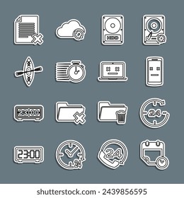 Set line Calendar and clock, Clock 24 hours, Dead mobile, Hard disk drive HDD, Stopwatch, Kayak paddle, Delete file document and laptop icon. Vector