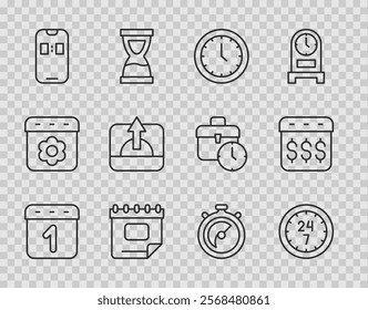 Set line Calendar, Clock 24 hours, Alarm clock app mobile, Sunrise, Stopwatch and Payday, calendar with dollar icon. Vector