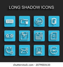 Set line Calendar and clock, New, email incoming message, Retro flip, Hard disk drive HDD, Clock 24 hours, Floppy, Delete file document and  icon. Vector