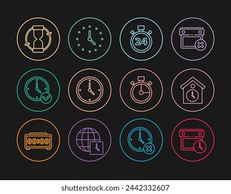 Fijar la línea Calendario y reloj, reloj de pared retro, cronómetro 24 horas, reloj, reloj de arena viejo, y el icono. Vector