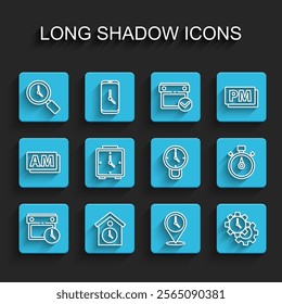 Set line Calendar and clock, Retro wall watch, Magnifying glass with, Location, Time Management, Alarm, Stopwatch and Clock icon. Vector