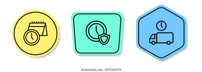 Set line Calendar and clock, Clock with shield and Delivery time. Colored shapes. Vector
