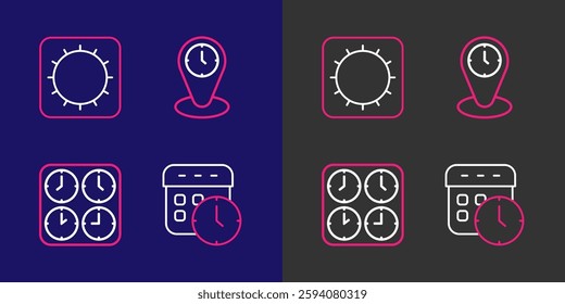 Set line Calendar and clock, Time zone clocks,  and Sun icon. Vector