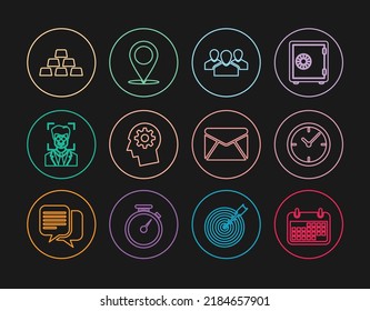 Set line Calendar, Clock, Users group, Human head with gear inside, Face recognition, Gold bars, Envelope and Map pin icon. Vector