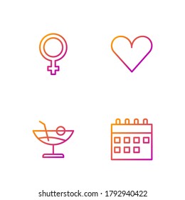 Set line Calendar, Cocktail, Female gender symbol and Heart. Gradient color icons. Vector