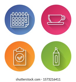 Set line Calendar, Coffee cup flat, Completed task and Marker pen. Color circle button. Vector