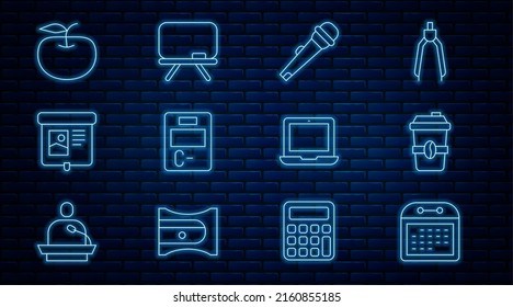 Fijar línea Calendario, Café para ir, Micrófono, Papel de examen con respuestas incorrectas, Pantalla de proyección, Apple, Portátil y Icono de tablero de recortes. Vector