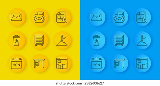 Set line Calendar, Coffee cup to go, Archive papers drawer, Graph chart infographic, Mountains with flag on top, Mail and e-mail, Document and Delete file document icon. Vector