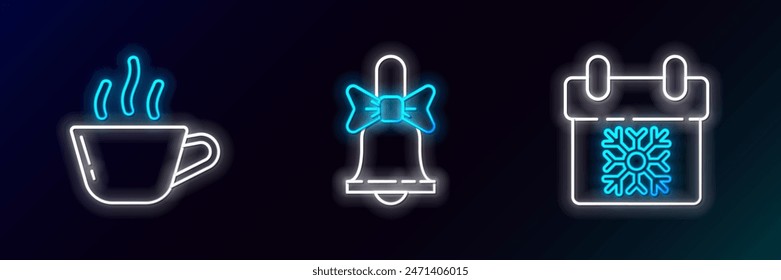 Set line Calendar, Coffee cup and Merry Christmas ringing bell icon. Glowing neon. Vector