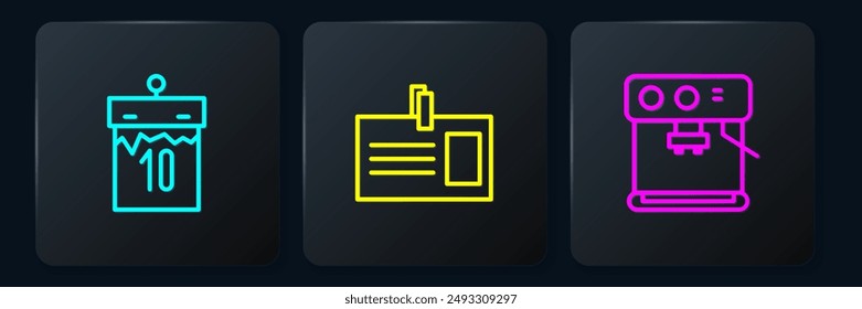 Set line Calendar, Coffee machine and Identification badge. Black square button. Vector