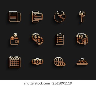 Set line Calendar, Coin money with dollar symbol, File document, Battery charge level indicator earth globe, Gold bars, Money exchange and Clipboard checklist icon. Vector