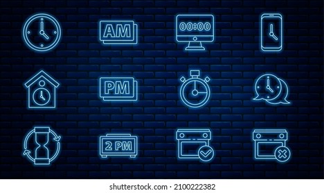 Fijar la línea Fecha de borrado del calendario, Bubble de voz del reloj, en monitor, PM, Retro reloj de pared, Stopwatch e icono de AM. Vector