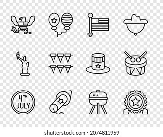 Set line Calendar with date July 4, Medal star, American flag, Firework, Eagle, Carnival garland flags, Barbecue grill and Drum drum sticks icon. Vector