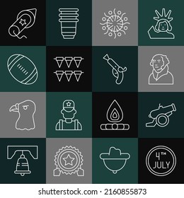 Set line Calendar with date July 4, Cannon, George Washington, Firework, Carnival garland flags, American Football ball,  and Vintage pistols icon. Vector