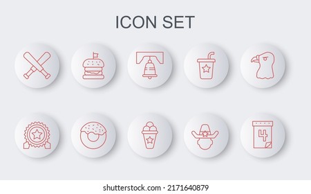 Set line Calendar with date July 4, Medal star, Liberty bell in Philadelphia, Sheriff cowboy, Crossed baseball bat, Burger, Donut and Ice cream waffle cone icon. Vector