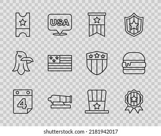 Fijar la línea Calendario con fecha 4 de julio, Estrella de Medalla, Bandera Americana, Cannon, Billete de Béisbol, sombrero Patriótico Superior e ícono de Burger. Vector