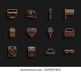 Set line Calendar with date July 4, Potatoes french fries in box, Vote, Western cowboy hat, Glasses stars, USA Independence day, Burger and Balloons icon. Vector