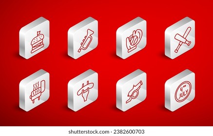 Set line Calendar with date July 4, Trumpet, Baseball glove ball, Crossed baseball bat, Cannon, Burger, Sausage the fork and Barbecue grill icon. Vector
