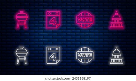 Set line Calendar with date July 4, Vote, Barbecue grill and White House. Glowing neon icon on brick wall. Vector
