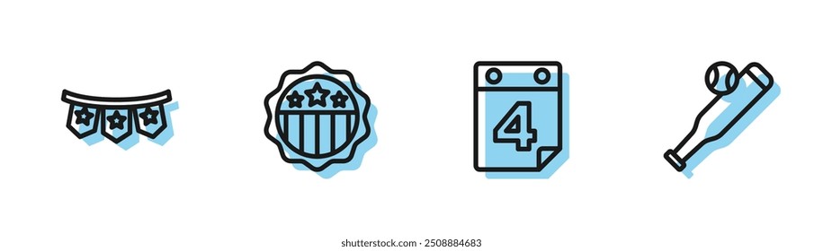 Set line Calendar with date July 4, Carnival garland flags, USA Independence day and Baseball bat ball icon. Vector