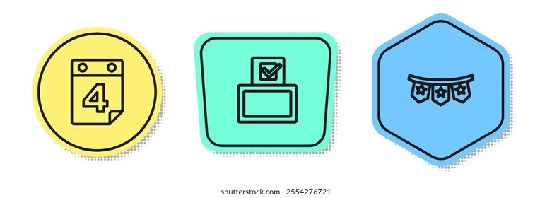 Set line Calendar with date July 4, Vote box and Carnival garland flags. Colored shapes. Vector