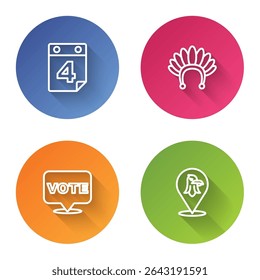 Set line Calendar with date July 4, Indian headdress feathers, Vote and Eagle. Color circle button. Vector