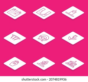 Set line Calendar death, Cemetery digged grave hole, Burning candle, Metallic nails, Memorial wreath, Flower rose, Funeral and Grave with tombstone icon. Vector