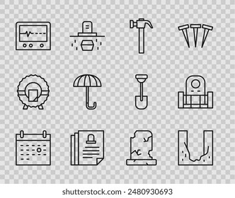 Set line Calendar death, Cemetery digged grave hole, Hammer, Death certificate, Beat dead in monitor, Umbrella, Old with tombstone and Grave icon. Vector