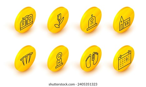 Set line Calendar death, Dead body, Location grave, Metallic nails, Church building, Grave with tombstone, Flower rose and  icon. Vector