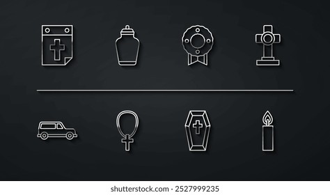 Set line Calendario de la muerte, coche de Hearse, Tumba con cruz, Ataúd, Cristiano en cadena, urna funeraria, vela ardiente e icono de corona conmemorativa. Vector