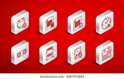 Establecer línea Calendario, documento de archivo del Borrar, reloj 24 horas, protección de disco duro HDD, con marca de verificación, tarjeta SSD e ícono de altavoz estéreo. Vector