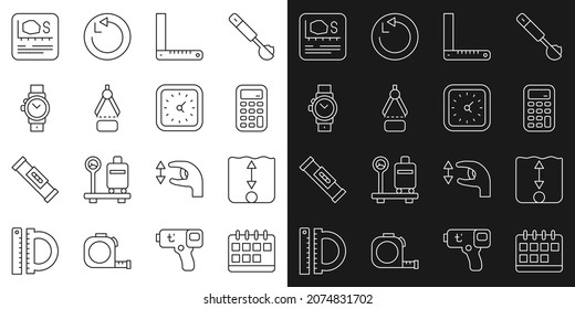 Set line Calendar, Depth measurement, Calculator, Corner ruler, Drawing compass, Wrist watch, Area and Clock icon. Vector