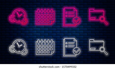 Set line Calendar, Document and check mark, Time Management and Search concept with folder. Glowing neon icon on brick wall. Vector