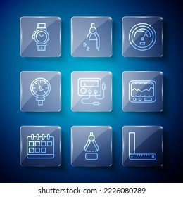 Set line Calendar, Drawing compass, Corner ruler, Speedometer, Multimeter, voltmeter, Pressure water, Wrist watch and Measuring instrument icon. Vector