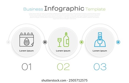 Set line Calendar with Easter egg, Wine bottle with glass and Priest. Business infographic template. Vector