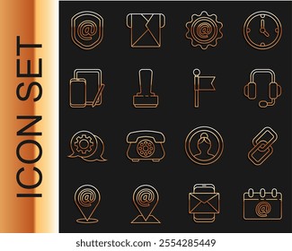 Set line Calendar with email, Chain link, Headphones, Mail and e-mail, Stamp, Phone graphic tablet, Shield and Location marker icon. Vector