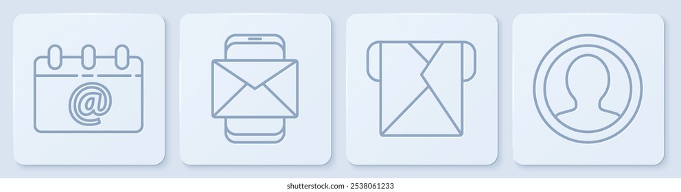 Set line Calendar with email, Envelope, Mobile and envelope and Create account screen. White square button. Vector